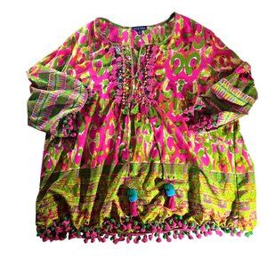 Fig & Vine Womens 2X Boho Tunic Top Tassels Pom-Poms Pink Green whimsical bright